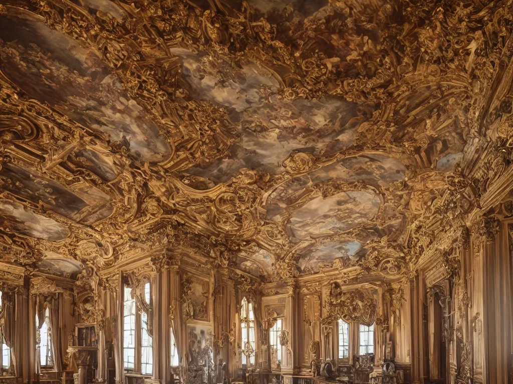 Prompt: The bright and majestic beautiful Renaissance palace chamber filled with soft light from beautiful windows with beautiful paintings of a demons on the walls, high quality interior photo trending on photostocks