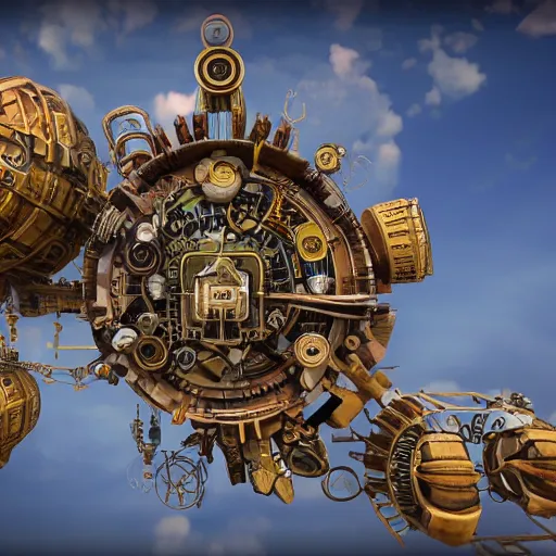 Prompt: flying city in a mechanical flower flower flower flower, sky, steampunk!!!, fantasy art, steampunk, masterpiece, unreal engine