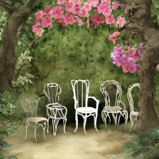Prompt: delicate queen, chairs, garden, paved, botanic watercolors, iridescent, 8 k, realistic shaded, fine details, artstation, italian, iron gate, tree, mediterranean, marvelous