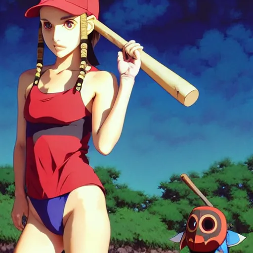 Image similar to beautiful boyish natalie portman gravure model in majora's mask, wearing wooden mask and baseball cap and leotard, street wear with subtle mayan patterns, aztec bathing suit, gapmoe yandere grimdark, trending on pixiv fanbox, painted by greg rutkowski makoto shinkai takashi takeuchi studio ghibli, akihiko yoshida