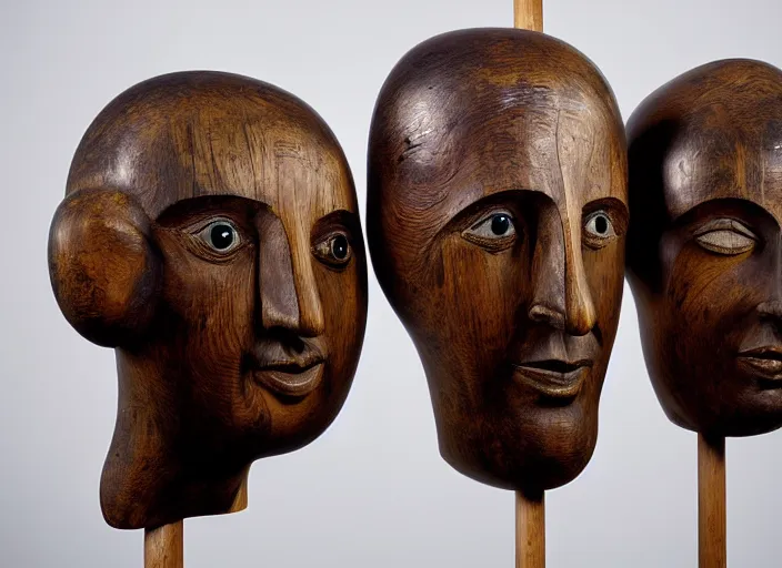 Image similar to realistic photo portrait of the a sculpture of a group portrait of heads with long beaks made of wood, eyes made of caviar poorly designed in style of arte povera, fluxus, dadaism, joseph beuys, ugly made, low quality standing in the wooden polished and fancy expensive wooden museum interior room 1 9 9 0, life magazine reportage photo