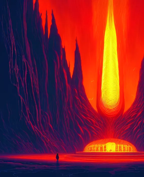 Image similar to simplicity, a cathedral made out of elegant biological forms, in the style of a spaceship, hell, fire, brimstone, lava, by dan mumford, yusuke murata, makoto shinkai, ross tran, cinematic, unreal engine, cel shaded, featured on artstation, pixiv