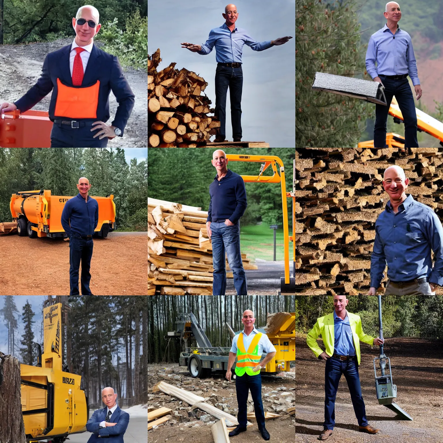 Prompt: jeff bezos standing on top of a wood chipper