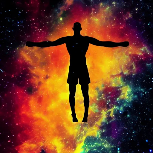 Image similar to athletic man doing a pullup using gymnastic rings, silhouette, long shot, in a cosmic nebula background, matte colors, dramatic, inspiring digital art trending on artstation