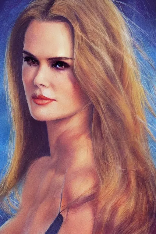 Image similar to mix of beautiful young maria shriver, mariel hemmingway, brooke shields, nicole kidman and elle macpherson as a young bikini model, thin lips, hair tied up in a pony tail, dark blonde hair, colorful, artstation, cgsociety