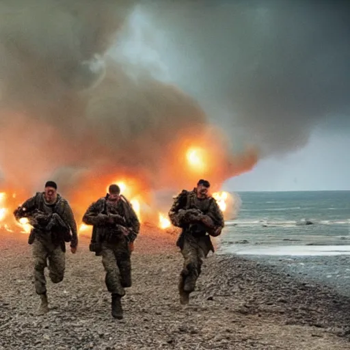 Image similar to american soldiers running at the camera during normandy beach landing with fiery explosions and debris all around them in the style of the movie lone survivor and saving private ryan, gritty, 4 k, cinematic lighting,