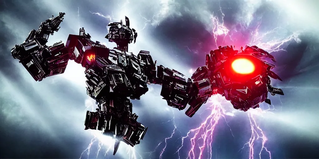 Image similar to “A Decepticon with the Head of Michael Jackson with glowing red eyes, cinematic Michael Bay movie, god rays, explosions, ultra realistic, 4K ultra HD”