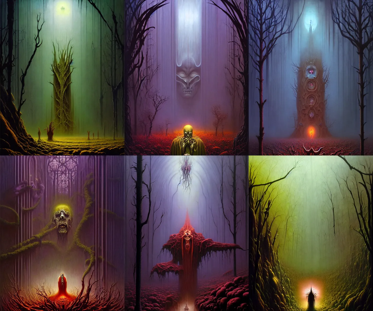 Prompt: a cinematic masterpiece dark gothic painting of exotic alien mystical gothic forest of fear despair sorrow and misery at midnight, exotic flora, by Marc Simonetti, by Alex Grey, by Paul Lehr, by Tim Hildebrandt, by Bruce Pennington, by Wayne Barlowe, by Zdzisław Beksiński, oil on canvas, masterpiece, trending on artstation, featured on pixiv, cinematic composition, beautiful lighting, sharp, details, hyper-detailed, no frames, HD, HDR, 4K, 8K