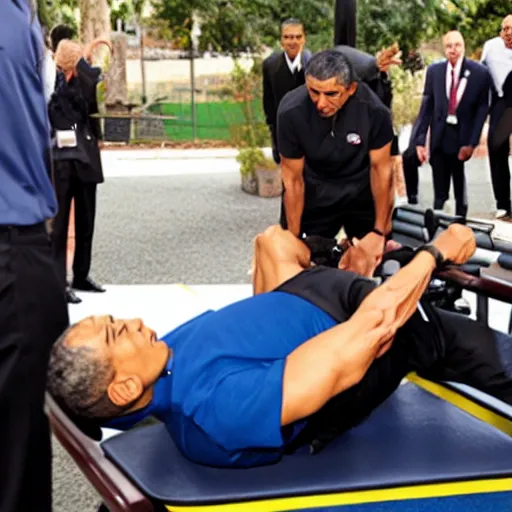 Image similar to barack obama doing bench presses lying down