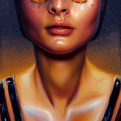 Prompt: hyperrealistic oil painting of electric woman, cute - fine - face, pretty face, oil slick hair, realistic shaded perfect face, extremely fine details, realistic shaded lighting, dynamic background, artgerm, 8 k ultra realistic, highly detailed, art by dominik mayer