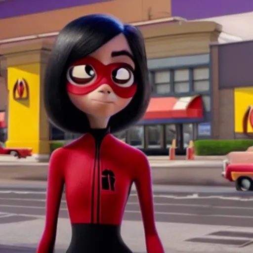 Prompt: violet parr goes to mcdonald in her world in incredibles 2