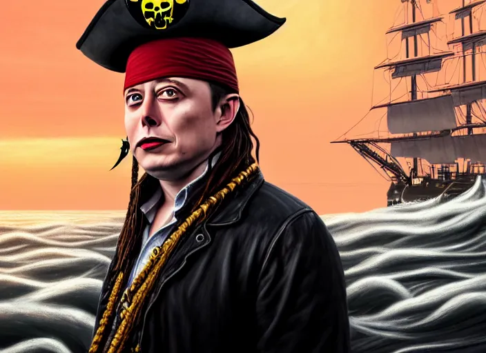 Image similar to highly detailed portrait of a sinister Elon Musk as a dread pirate captain, proudly posing at the helm of his frigate wearing an ornate pirate hat, full body, sinking smoking ship in the background at sunset, artstation, cinematic lighting, hyperdetailed, cgsociety, 8k, high resolution, insanely detailed and intricate, concept art, smooth, sharp focus, illustration, art by John Collier and Albert Aublet and Krenz Cushart and Artem Demura and Alphonse Mucha