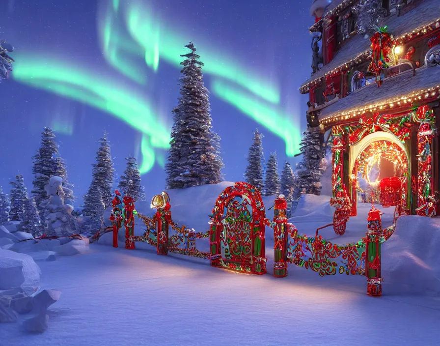 Image similar to a very detailed concept art of intricate and well designed jingle bell gates to santa's northpole, infused with aurora borealis, dynamic lighting, trending on artstation, path traced, highly detailed, high quality, digital painting, digital art, 4 k, hyper realistic, octane render, sharp focus