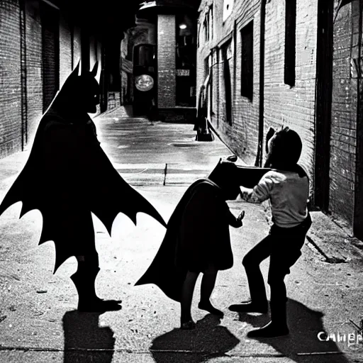 Image similar to batman beating up crying children in an alleyway caught on camera, photography, canon