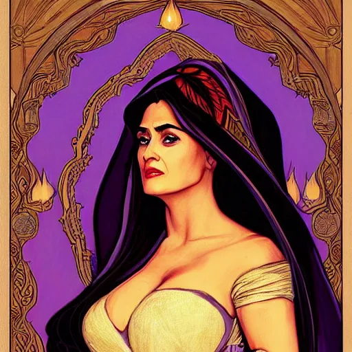 Prompt: salma hayek as esmerelda from the hunchback of notre dame, portrait, mucha style