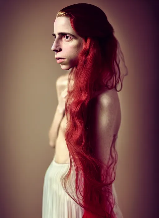 Image similar to portrait photography of a beautiful woman, in fine art photography style of Lindsay Adler- Giovanni Gastel, brit marling style 2/4 , natural color skin pointed in rose, long red hair with an intricate hairstyle, full body dressed with a ethereal transparent voile dress, elegrant, 8K, soft focus, melanchonic soft light, volumetric dramatic lighting, highly detailed Realistic, hyper Refined, Highly Detailed, natural point rose', outdoor sea and storm soft lighting, soft dramatic lighting colors scheme, soft blur lighting, fine art fashion photography