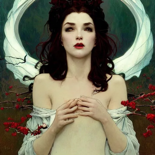Image similar to portrait of a menacing beautiful vampire, face only, by Stanley Artgerm Lau , greg rutkowski, thomas kindkade, alphonse mucha, loish, norman rockwell, J. C. Leyendecker. hair waving in the wind, pale skin, sinister complexion, black rose crown, imagine bordered by thorns. D&D, fantasy. Trending on artstation rule of thirds extremely detailed illustration hd 4k