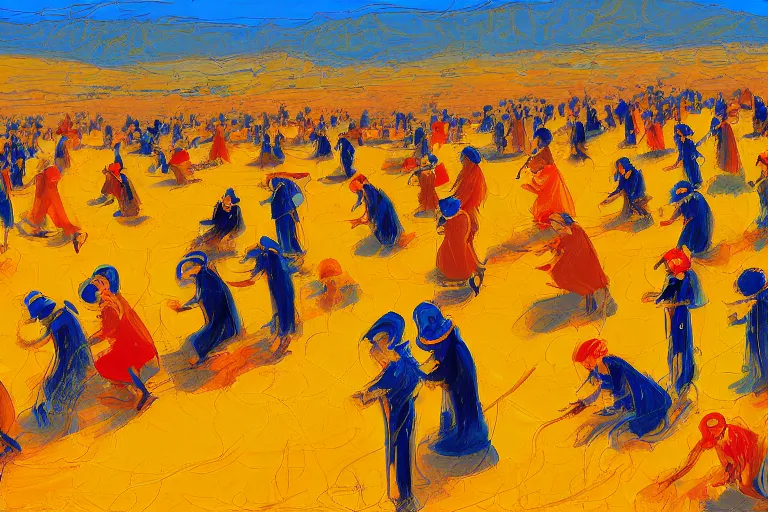Prompt: detailed digital painting of a crowd of happy jews in the desert harvesting!! manna, yellow orange and blue color scheme, by sherree valentine daines and ross trann, trending on art station 8 k