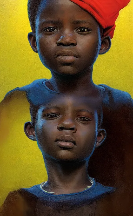 Image similar to upper half portrait of an african boy - in yellow cape - inside puffy clouds - surrounded by bolts of lightning - rays of light emanating from clouds - in drew struzan movie poster style, art by drew struzan & hsiao - ron cheng, highly detailed, digital painting, ray tracing, illustration, smooth, sharp focus, intricate, symmetry, artstation,