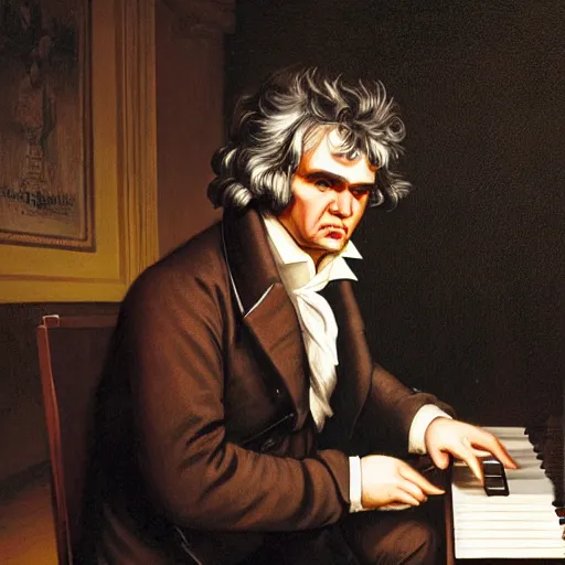 Prompt: beethoven composing at the piano, wearing a vr headset, dim lighting, dark room, candle light