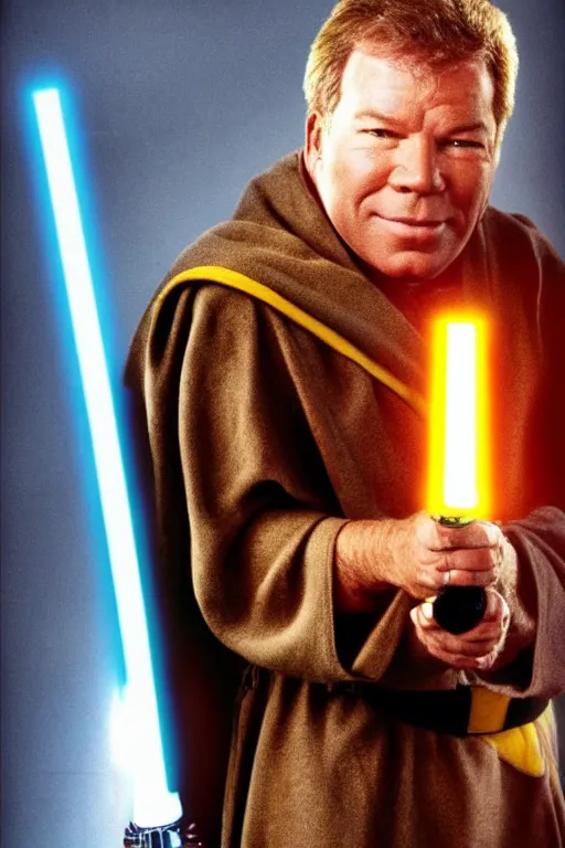 Prompt: photorealistic!! william shatner as a jedi knight, brown jedi robe, holding a yellow lightsaber, film quality