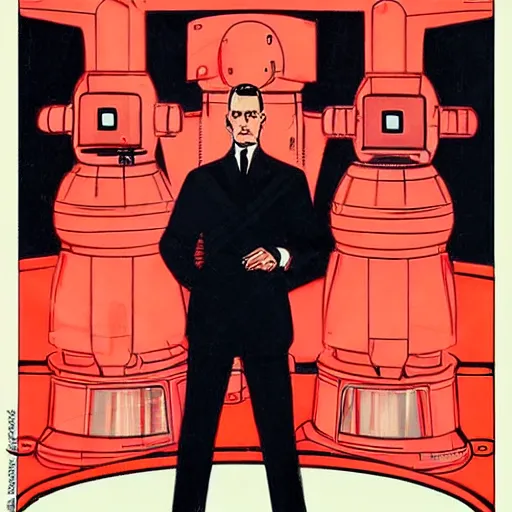 Prompt: man in futurist 6 0 ´ s lab, machines and futurist robots, red lights, leyendecker style, black suit, futurism