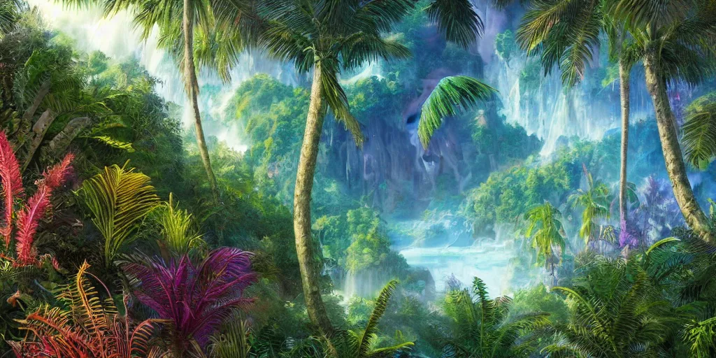 Prompt: a beautiful detailed matte painting of a rainbow crystal with ferns growing out of it, pattern, fractals, raphael lacoste, trending on artstation. Bright trippy tropical island beach, anime vacation.