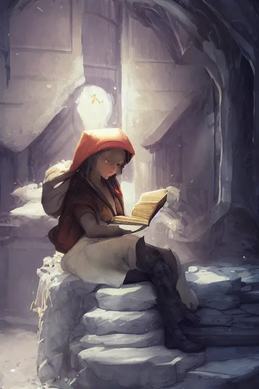 Prompt: concept art of fitzchevalry reading the book les antiseches du bonheur of jonathan lehmann, nighteyes is looking warmly over his shoulders, by aenaluck, artgerm and roberto ferri and greg rutkowski, blue and white tones, digital painting, artstation, concept art, smooth, sharp foccus ilustration hq