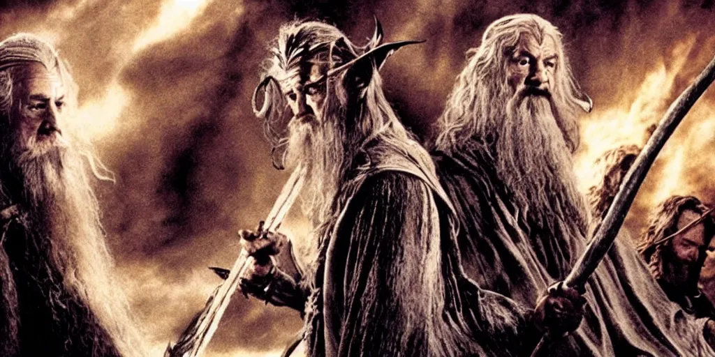 Image similar to movie still from the lord of the rings, directed by ridley scott in the style of h. r. giger, gandalf wearing a tall steel crown, resting against a twisted metal staff, dark, cinematic, cinemascope, highly detailed