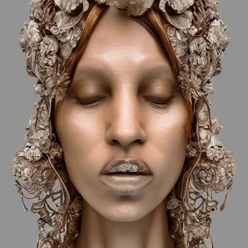 Image similar to beatifull face portrait of a woman, 150 mm, anatomical, flesh, flowers, mandelbrot fractal, facial muscles, veins, arteries, intricate, golden ratio, full frame, microscopic, elegant, highly detailed, ornate, ornament, sculpture, elegant , luxury, beautifully lit, ray trace, unreal, 3d, PBR, in the style of peter Gric , alex grey and Romero Ressendi