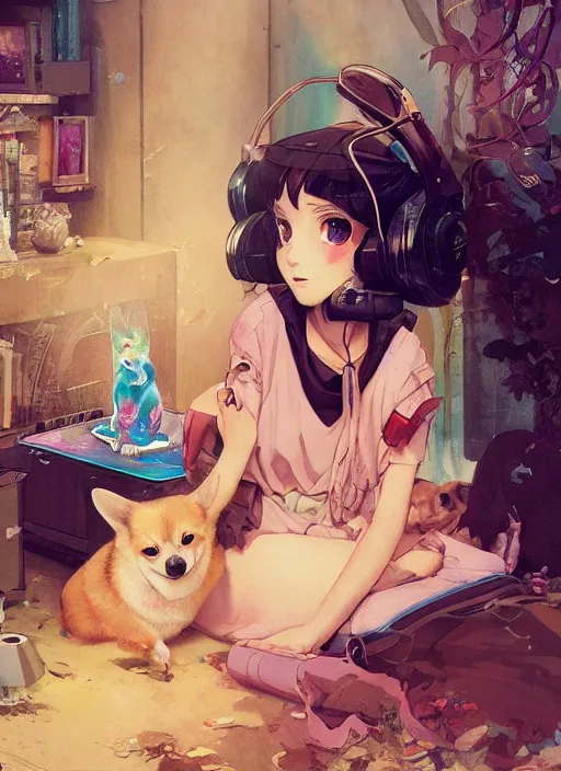 Prompt: beautiful fantasy painting of a Hiphop Lofi anime princess and her corgi chilling to music, by Kenne Gregoire, James Jean, Tran Nguyen, WLOP, Jakub Rebelka. trending on Artstation, 8k, masterpiece, face enhance, graffiti paint, fine detail, full of color, intricate detail, golden ratio illustration