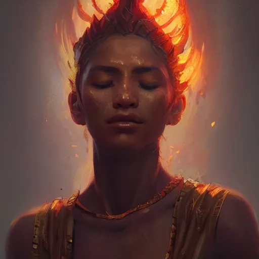 Image similar to a beautiful portrait of a fire goddess with closed eyes by greg rutkowski and raymond swanland, trending on artstation, flaming background, ultra realistic digital art