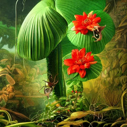 Image similar to flower venus flytrap grab mulatto in the jungle, epicaly surreally beautiful image, hyper-realistic, high resolution, hypnotic measurements , ultra detailed painting, epic visuals, absolutely outstanding, 16K