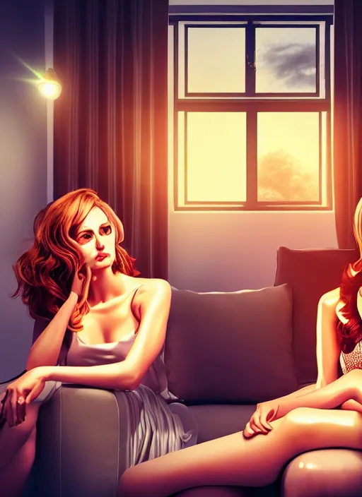 Image similar to two beautiful housewives in the living room on a hot summer evening, gorgeous faces, thick lines, cinematic lighting, detailed photorealistic digital art