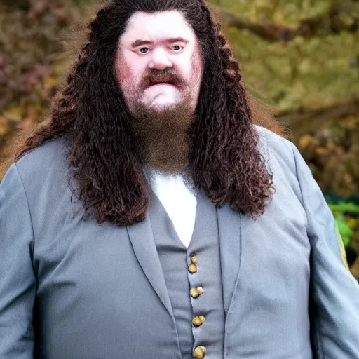 Prompt: Hagrid dressed as British royalty, photo realistic