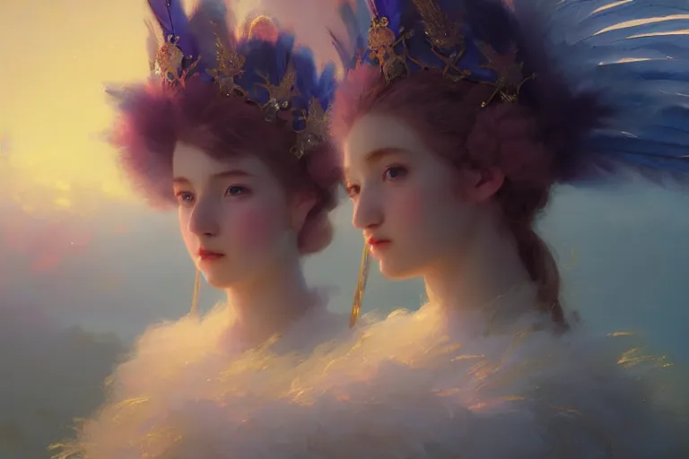 Image similar to Portraits of magical girls, wearing crown of bright feathers, painting by Ivan Aivazovsky and Greg Rutkowski, artstation, fantasy, intricate, beautiful, cinematic, octane render, arnold render, 8k, hyper realism, detailed, sharp focus, 4k uhd, masterpiece, award winning