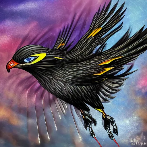 Image similar to flying hawk with cybernetic aerodynamic parts, close shot, speed, dynamic, expression, digital art