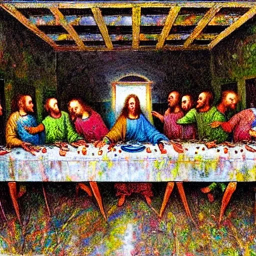 Prompt: the last supper, in the style of jackson pollock.