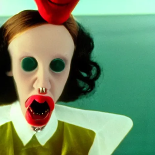 Prompt: Still from a John Waters film about a woman and an anthropomorphic tooth, color 1970