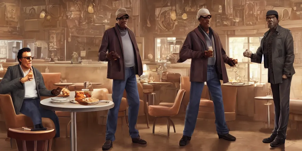 Image similar to highly detailed full - body samuel l jackson and john travolta posing in cafe, perfect symmetrical eyes, by eddie mendoza and tyler edlin, 8 k resolution