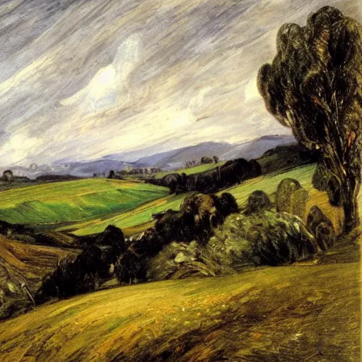 Prompt: rolling green hills of New Zealand at twilght by John Constable