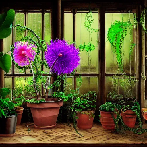 Prompt: several green and violet poisonous spiked tentacula vines grow from a pot, on wooden table in the ray of sunshine in greenhouse, digital art, hyper realistic, sharp focus, high detailed, calm, warm lighting, by Rutkowsky by Argyle