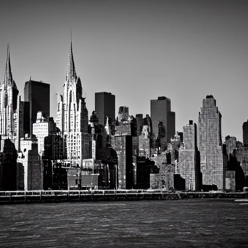 Image similar to new york skyline with gothic architecture, very details