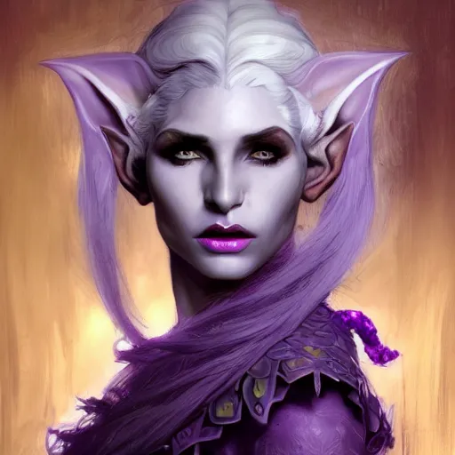 Image similar to head and shoulders portrait of a beautiful female drow elf warlock, purple skin, white hair, violet magic, royo, klimt, miro, vallejo, frazetta, alphonse mucha, greg rutkowski, whealan