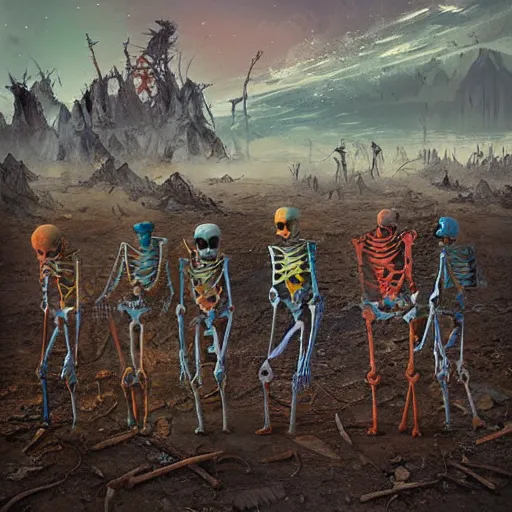 Prompt: colorful detailed digital art of a group of skeletons standing in the dirt, concept art by filip hodas, cgsociety, sharp details, cynical realism, apocalypse art, dystopian art, apocalypse landscape