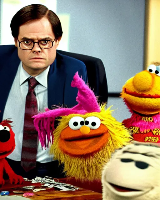 Image similar to film still from the office, dwight schrute mumpet!!. highly detailed felt. hyper real photo, octane, sesame street, jim henson, 4 k.