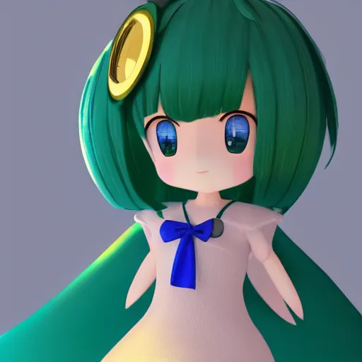 Image similar to cute fumo plush of a girl in a green and gold and blue shiny dress, lens flare, anime girl, vray