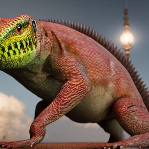 Image similar to Boris Johnson with Lizard body, realistic artstyle, wide shot, dramatic lighting, octane render, hyperrealistic, high quality, highly detailed, HD, beautiful, cinematic, 8k, unreal engine, facial accuracy, symmetrical