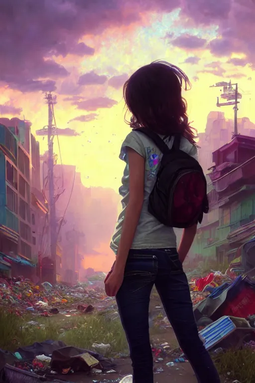 Image similar to teenage beauty girl mini hort with backpack looking at food at garbage dump, destroyed cars, city is pure wasteland, moody sunset background, rays of sunlights, ( ( ( rainbow ) ) ), high details, sharp, photorealism, cinematic, greg rutkowski, alphonse mucha, trending on artstation, artgerm, unreal engine, highly detailed
