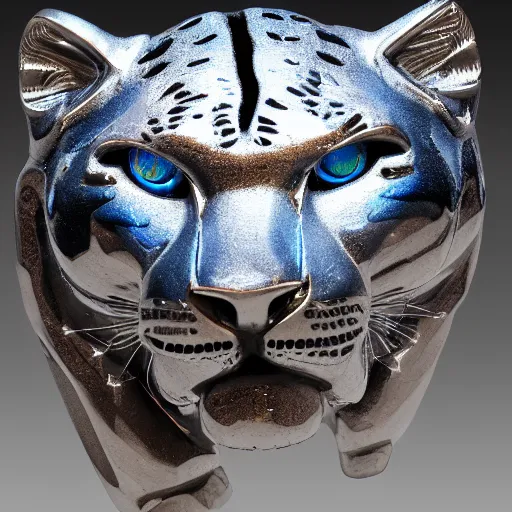 Image similar to silver jaguar sculpture with glowing blue eyes